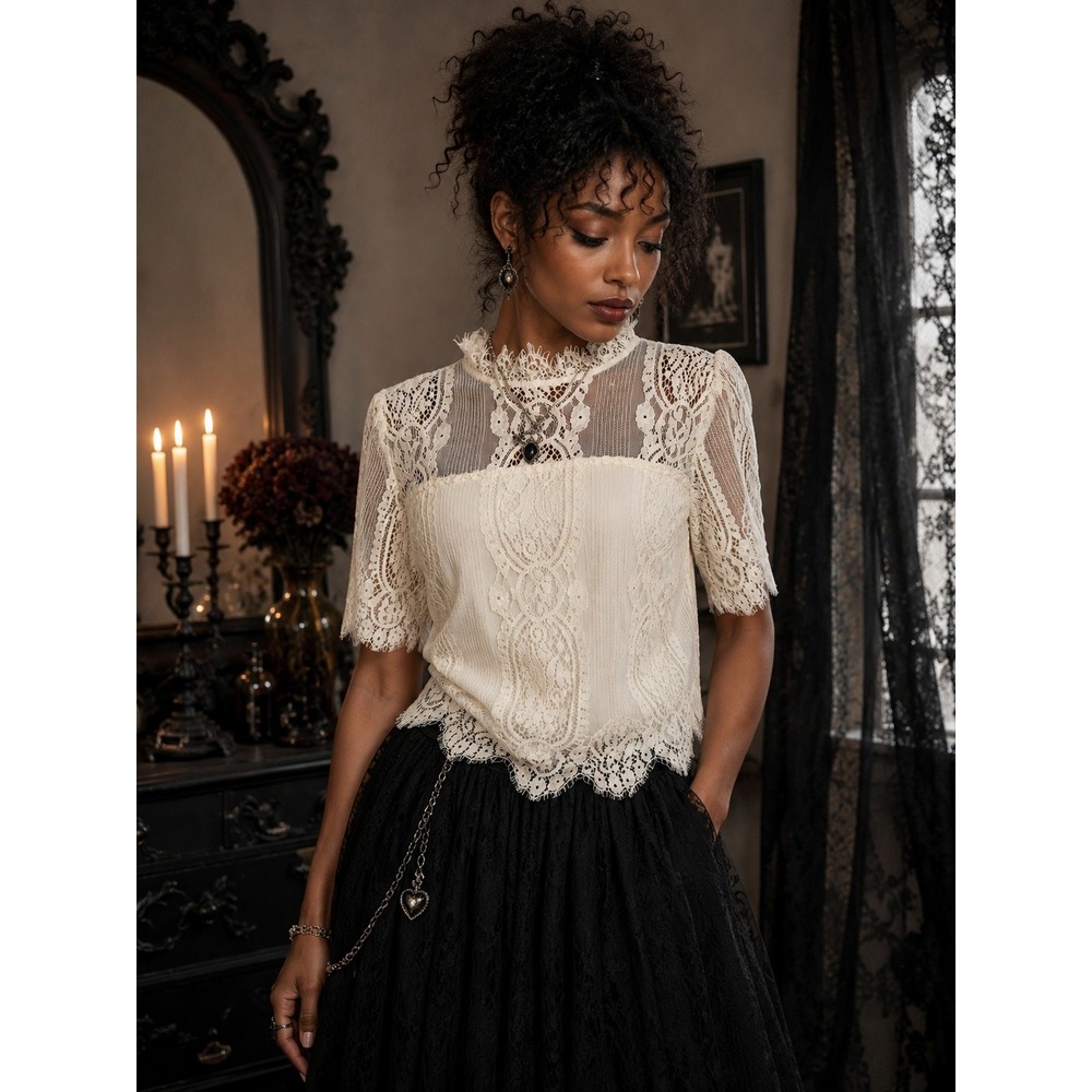 EYESHADOW Lace Blouse Mock Neck Victorian Boho Women XL Cream White